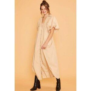 Annie Wear Womens Smocked Puff Sleeve Button Down Tiered Midi Dress Tan Size L